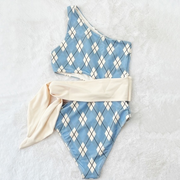 NWT Beach Riot Carlie Cutout Side Tie One apiece Swimsuit in Blue Argyle - Picture 7 of 8